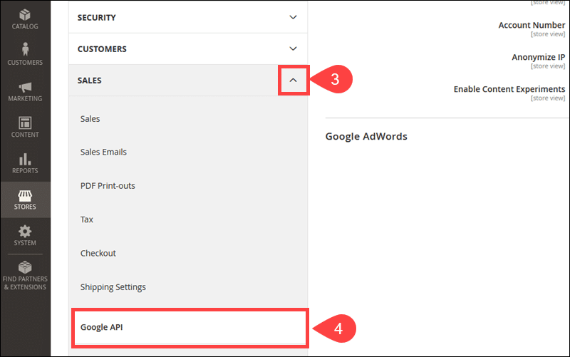 Access the Google API menu in Magento.