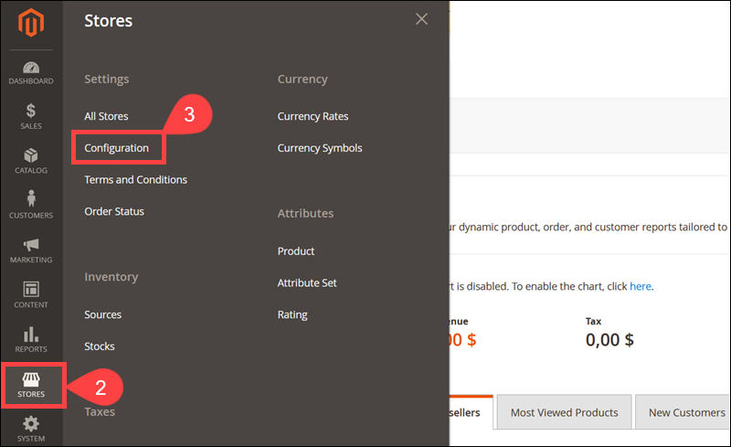 The configuration menu for the Magento inventory.