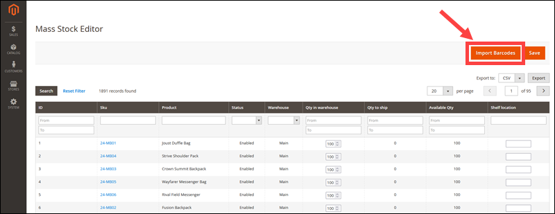 Import Barcodes using the Mass Stock Editor.