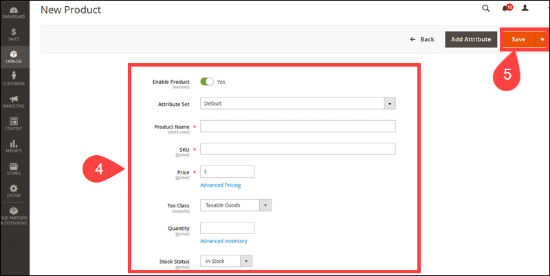 New product parameters in the Magento Admin.