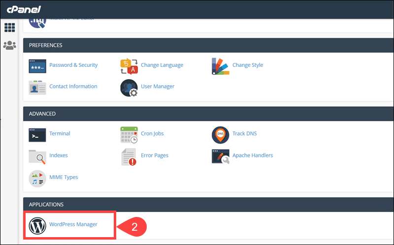 WordPress Manager app in cPanel.