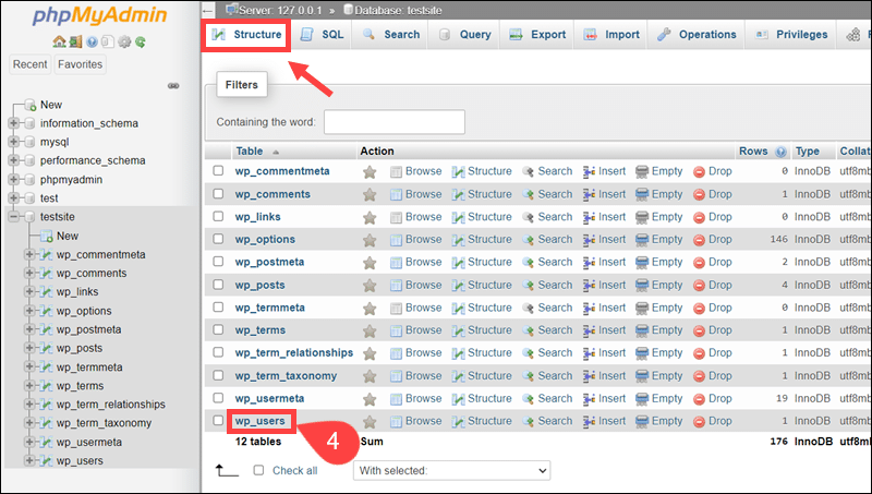 The wp user table in phpMyAdmin.