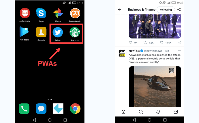 PWAs on a mobile phone home screen.