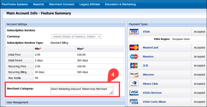 Merchant category description in the CCBill Admin.