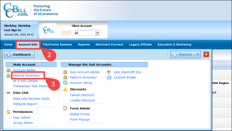 Feature Summary screen in the CCBill Admin.