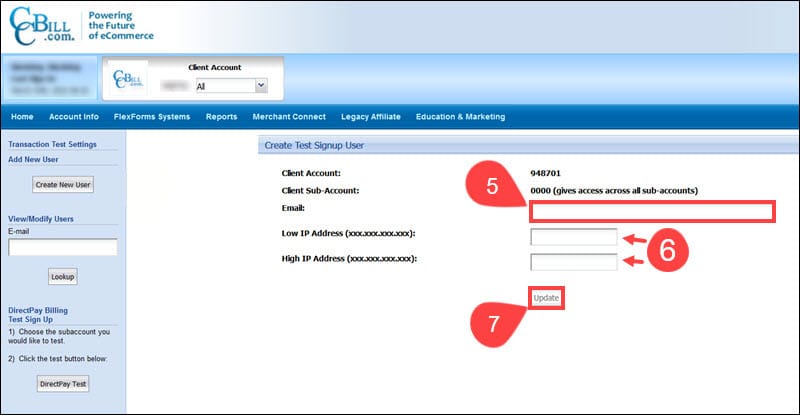 Adding test transaction parameters in CCBill Admin.