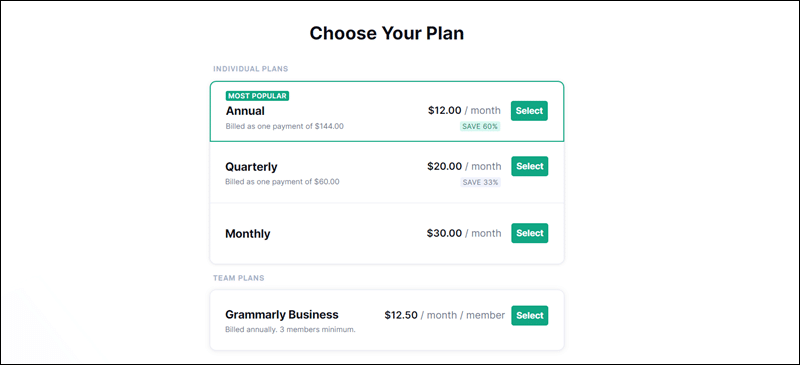 Upselling example on the pricing page of Grammarly.