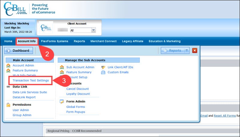 Stpes to create a test transaction user in the CCBill Admin portal.