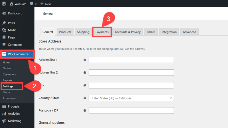Accessing the Payments tab in WooCommerce.