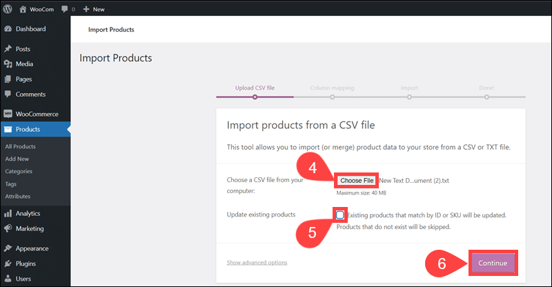Choose CSV file to import in WooCommerce.