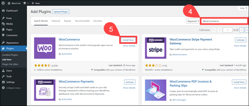 Steps to install the WooCommerce plugin.