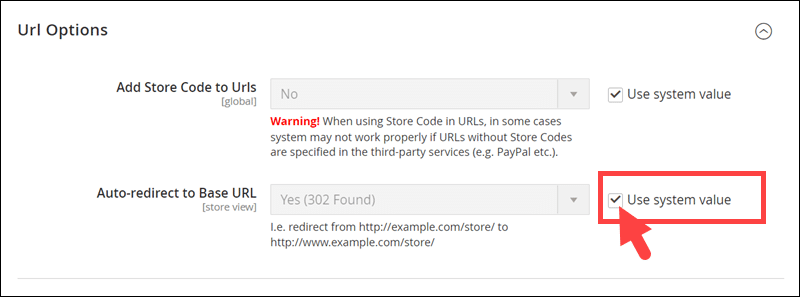 Disabling default system settings for URL redirects in Magento 2.