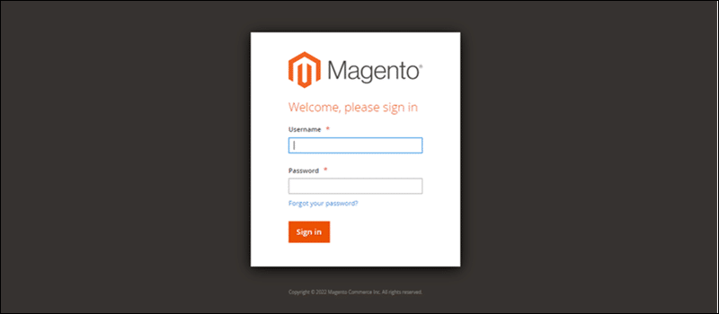 Log in page of the Magento 2 back-end platform.
