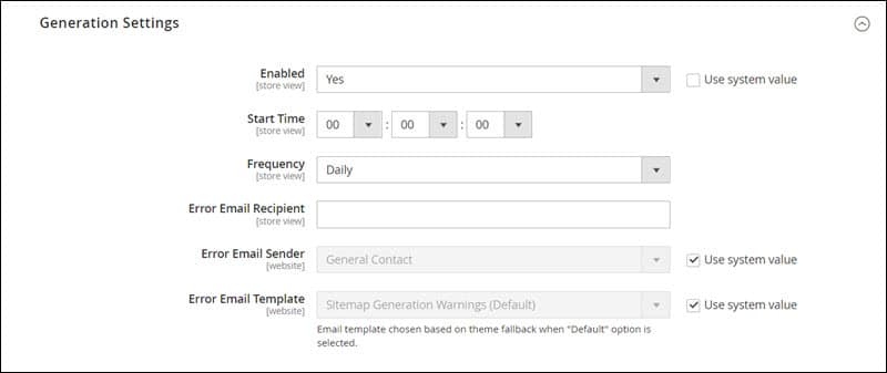 Configuring sitemap regeneration settings in Magento 2.