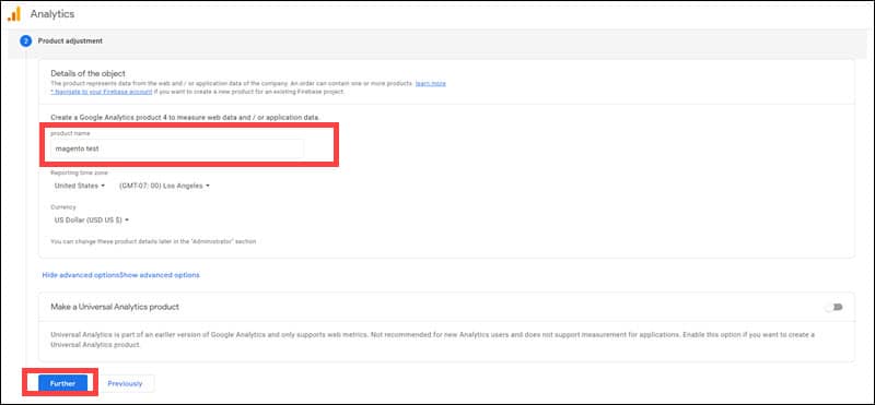 Naming a new product in Google Analytics.