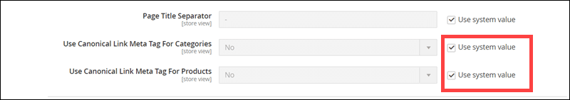 Disabling default system settings for product and category canonical links in Magento 2.