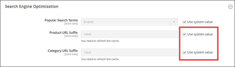 Disabling default settings for product and category URL suffix settings in Magento 2.