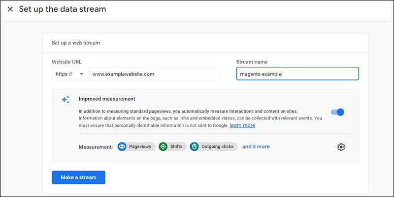 Setting up a datastream in Google Analytics.