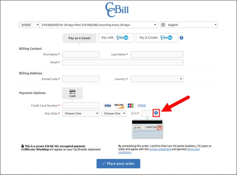 CVV tooltim on CCBill payment form.