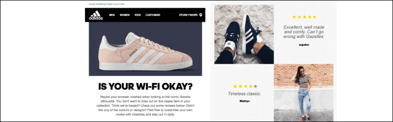 Adidas cart abandonment email utilizes social proof and user-generated content.
