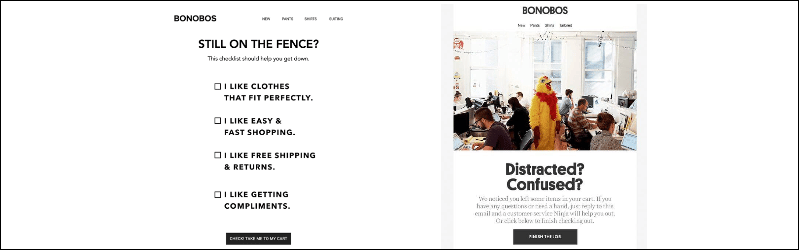 Bonobos cart abandonment email addresses customer pain points and provides clear calls to action.