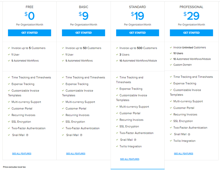 Precios de Zoho Invoice