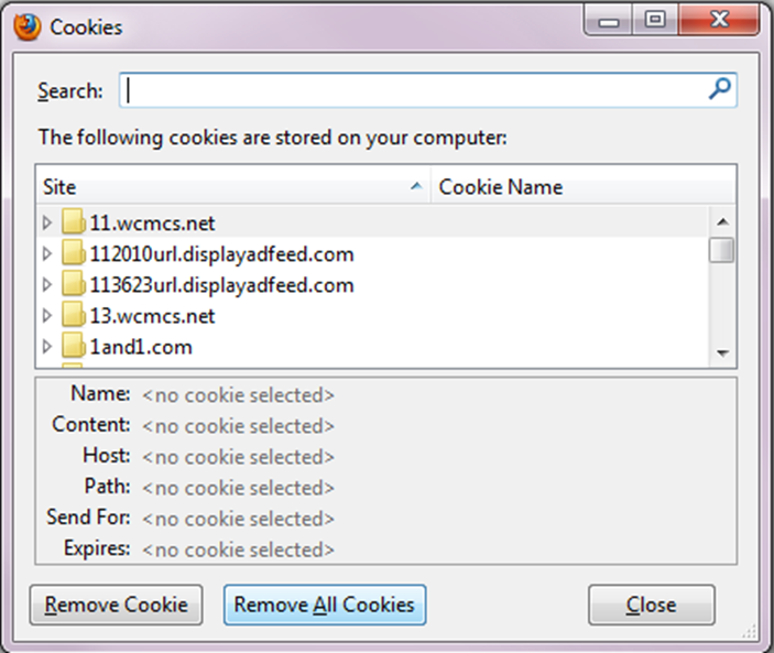 opción eliminar todas las cookies en Mozilla Firefox