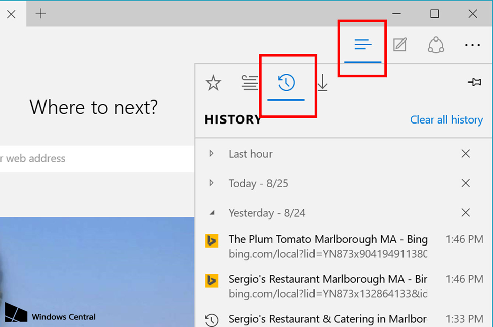 locating browsing history in Microsoft Edge to delete cookies