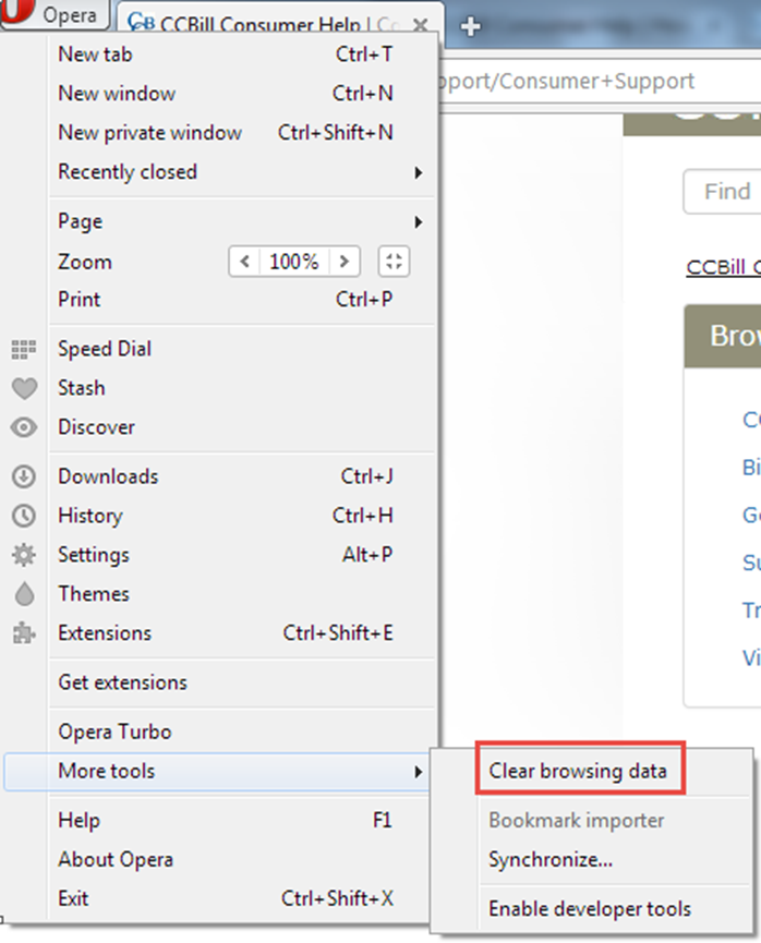 locating the clear browsing data option in Opera to delete cookies