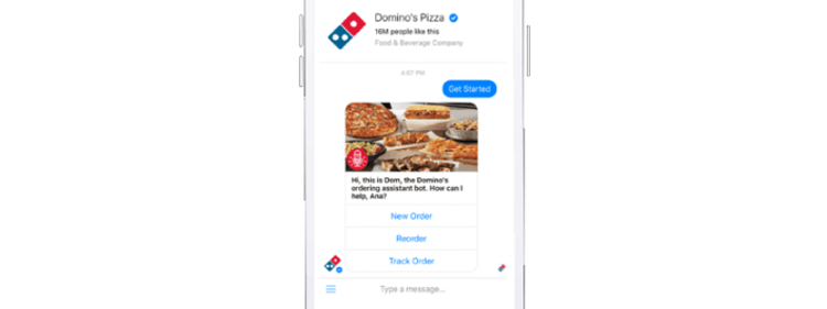 People can order food from Domino's Pizza using the brand's Facebook Messenger chatbot.