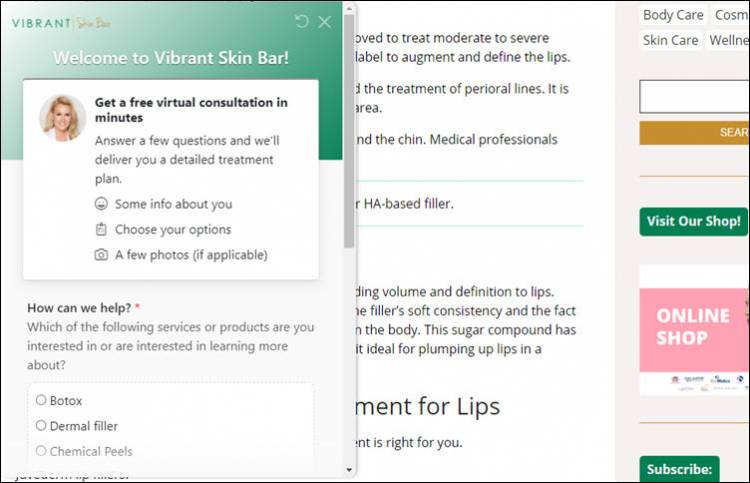 The Vibrant Skin Bar chatbot provides free consultation services.