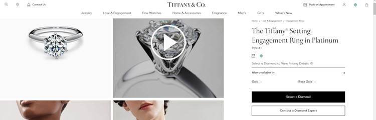 Example of minimalism in ecommerce design on Tiffany's website.