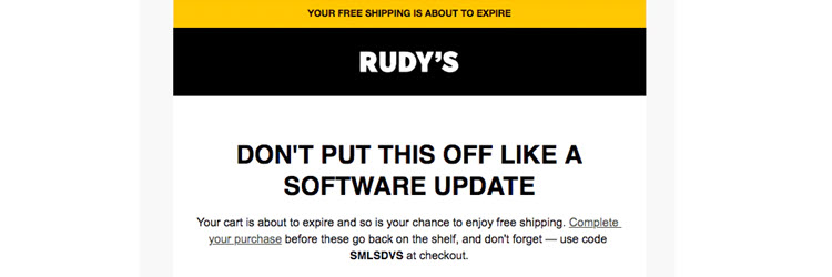 Rudy's implementing ecommerce personalization in cart abandonment emails.