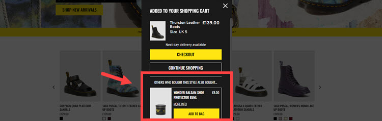 Dr. Martens implementing ecommerce personalization into added to cart notifications.