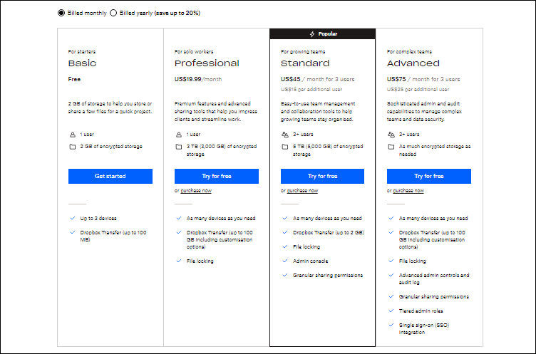 Dropbox tiered pricing.